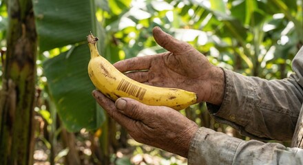 Farmer hands holding smart banana with organic digital barcode in plantation