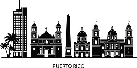 Puerto Rico city skyline with historic landmarks, churches and monuments, iconic urban architecture, black and white vector illustration for travel, culture and tourism themes © Ideasy Mind