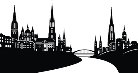 Historic European city skyline with gothic cathedrals, river and arched bridge, dramatic black and white silhouette vector illustration for travel and architecture themes © Ideasy Mind