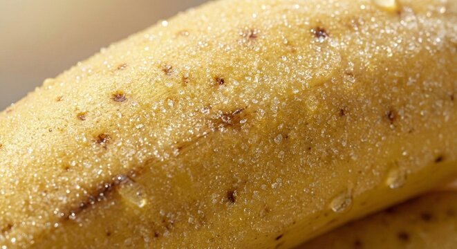 Macro shot of yellow banana skin with crystallized nano-protective frost coating