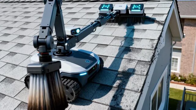 Medium shot showing a robotic gutter cleaner integrating visual sensors and smart mapping technology to adapt cleaning patterns on residential rooftops dynamically