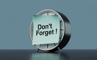Don't Forget Text on Blue Sticky Note Stuck on Silver Alarm Clock for Deadline Reminder Concept