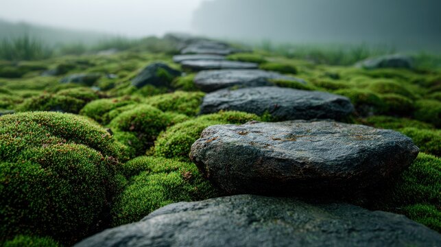 Serene stepping stone path through lush green moss in a misty morning garden - Powered by Adobe