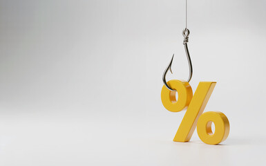 Gold Percentage Symbol Hanging on Metal Fish Hook on White Background for Loan Debt Trap Concept