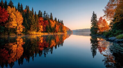 Obraz premium Vibrant autumn landscape with colorful forest reflecting in calm lake water at sunset
