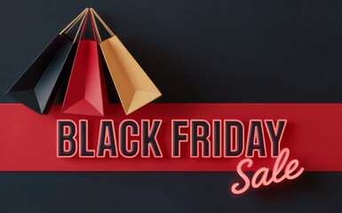 3D Black Friday Sale Text with Hanging Shopping Bags on Red and Black Background for Retail Promotion