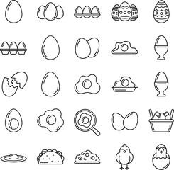 Professional line icons for eggs featuring fresh whole eggs fried eggs egg cartons and cute baby chicks.