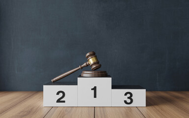 Wooden Judge Gavel on White Winners Podium Stand for Legal Victory Concept