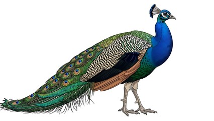 Naklejka premium Detailed portrait of a male peacock bird featuring a fan-shaped crest and emerald green feathers on white background.