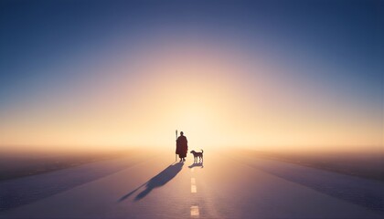 Silhouettes of Monk and Dog Walking Toward Light in Minimal Landscape
