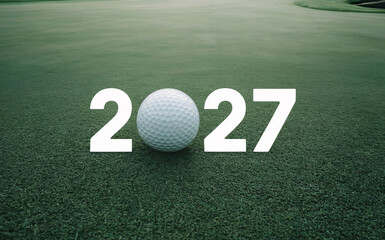 2027 New Year Text with White Golf Ball on Green Grass Field for Sports Season Concept