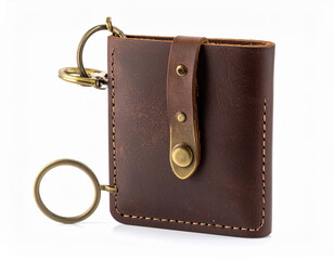 Rustic brown leather card holder with antique brass hardware and keychain attachment