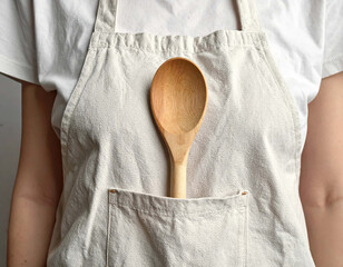 Simple wooden spoon tucked into the pocket of a linen apron worn over a white t-shirt