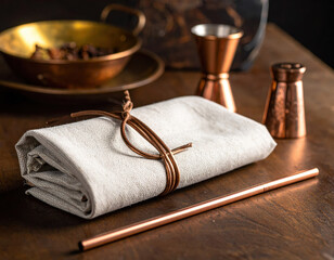 Elegant copper barware and linen napkin set on a rustic wooden table