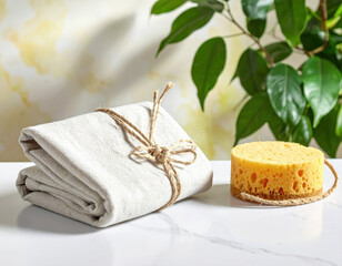 Natural spa essentials: folded linen cloth and yellow sponge tied with twine