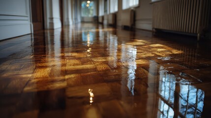 Shiny polished parquet wooden floor in a long hallway with window reflections and natural light