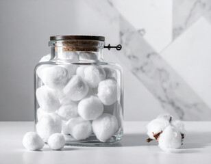 Glass jar filled with fluffy white cotton balls and a single cotton boll on a white surface