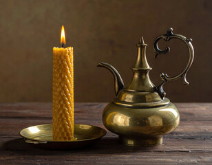 Vintage beeswax candle burning next to an ornate brass teapot on a wooden table