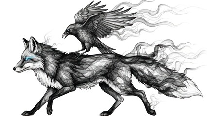 Obraz premium A fox with a raven on its back, flying through a dark, smoky sky.