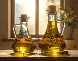 Two glass bottles of golden olive oil with herbs and peppercorns on a wooden table