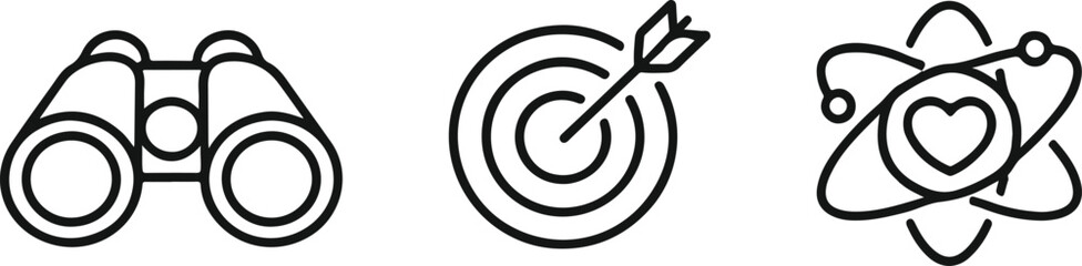 Minimalist icons set: binoculars, target, and atom with heart