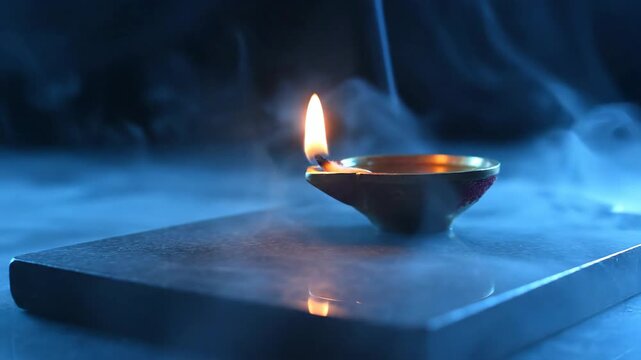 Burning Diya Oil Lamp on Stone with Blue Smoke Mahashivratri Ritual