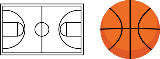 Basketball sports set featuring a top down view court diagram outline and a realistic orange ball with black lines. © MstBabli