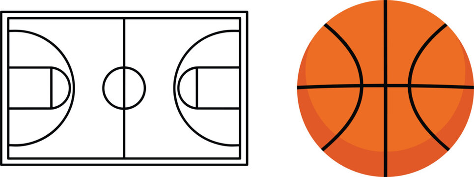 Basketball sports set featuring a top down view court diagram outline and a realistic orange ball with black lines.