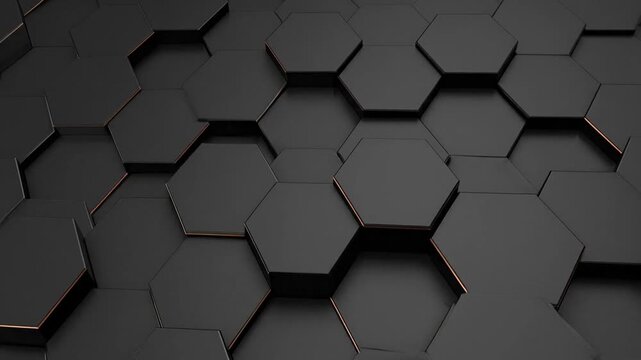 A dark, hexagonal 3D surface with bronze accents, creating a modern, abstract pattern