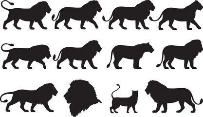 Collection of lion silhouettes in various poses and a small cat silhouette