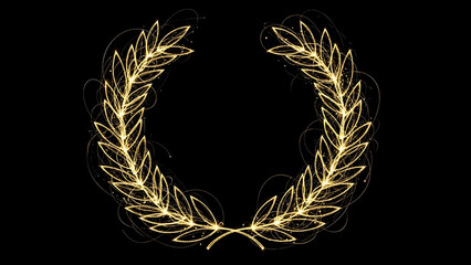 Golden laurel wreath on black background, symbol of victory and achievement.