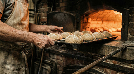 Freshly Baked Pain au Chocolat, golden and warm, being carefully placed into a glowing brick oven, a delightful morning treat