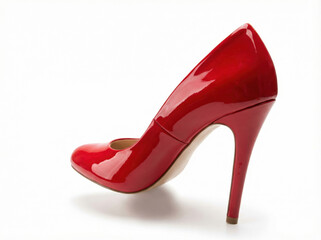 Shiny red high heel shoe on a white background, elegant and classic footwear