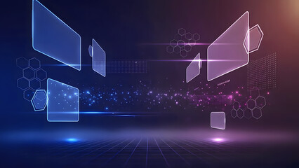 Abstract futuristic technology background featuring glowing holographic glass panels, neon light particles, and digital depth. Ideal for AI, data, innovation, SaaS, and modern tech concepts.