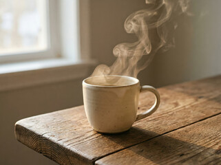 Steaming mug of hot beverage on a rustic wooden table near a window