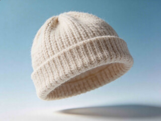Cozy knitted beanie hat floating in air against a soft blue gradient background