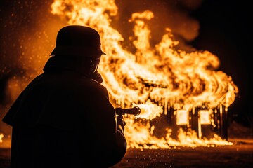 WWII soldier silhouette firing a flamethrower at a blazing building, intense night combat scene, dramatic glow