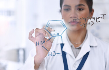Woman, science and writing formula on glass, research process for healthcare vaccine with dna analytics. Female scientist, and working in lab with data for medicine study, development or strategy