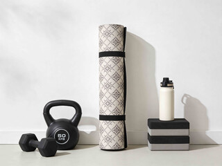 Home gym equipment including kettlebell, dumbbell, yoga mat, and water bottle