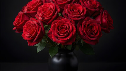 Fototapeta premium Valentine's Day Concept: Luxurious bouquet of fresh red roses, velvet textu...