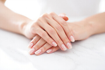 Womans hands with manicured nails on white marble surface closeup  beauty and fashion