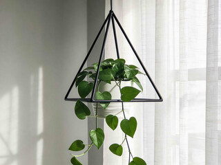 Modern geometric hanging planter with lush green pothos plant near sheer curtains
