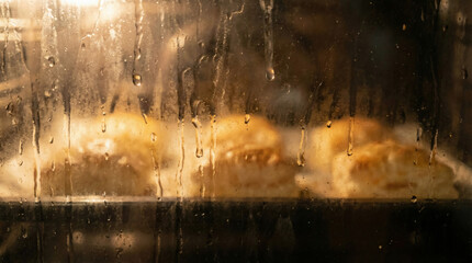 Freshly Baked Pain au Chocolat Warming in a Steamy Oven, Golden Brown and Delicious Through the Glass Door