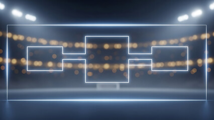 Neon bracket on a dark background with blurred lights, 3D rendering.