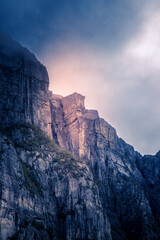 Preikestolen (Pulpit Rock) Cliffs Rising Above Lysefjord, Norway under a dramatic sky
