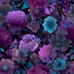 Obraz premium Seamless dark floral pattern with purple and blue flowers, decorative botanical background
