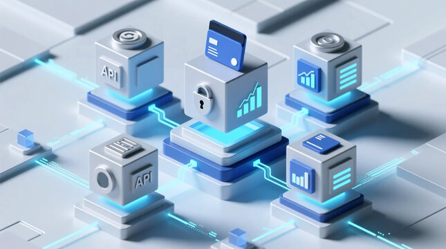 Conceptual 3D isometric render of robust fintech API ecosystem showcasing secure digital data flow within modular SaaS architecture for interconnected financial infrastructure and developer platforms
