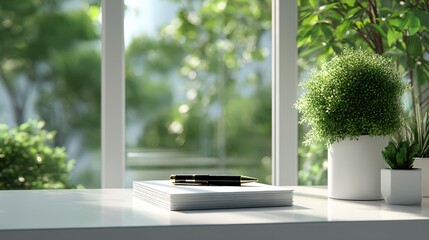 Modern minimalist workspace with a pen and stack of paper on a white desk overlooking a lush green garden through a large window