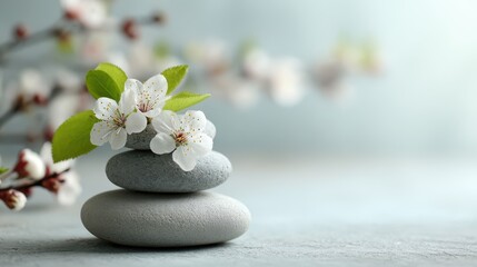 Zen stones balanced in a stack with delicate white cherry blossoms and green leaves for spa and wellness concept