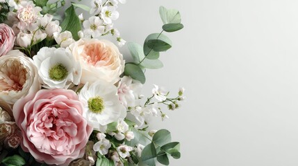 Elegant bouquet of pink and peach roses, white anemones, and eucalyptus leaves on a light grey background with copy space